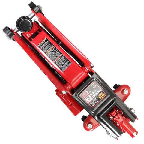 Top view of a red Beefy 3 Ton Hydraulic Trolley Floor Jack With Extra Saddle For SUVs And Extended Height Trucks by Big Red Torin
