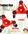 Red 3 wheels dolly with product size details, part of 12 Pcs Furniture Mover Dolly 3 Wheels Dolly Steel Furniture Mover with Wheels 200 Lbs Load Capacity