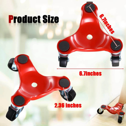Red 3 wheels dolly with product size details, part of 12 Pcs Furniture Mover Dolly 3 Wheels Dolly Steel Furniture Mover with Wheels 200 Lbs Load Capacity