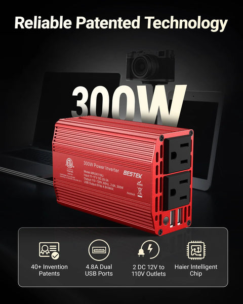 Power Inverter 12V DC To 110V AC For Cars With Aluminum Housing, 300W Continuous And 700W Peak, 2 AC Outlets And 2 USB Fast Charging Ports