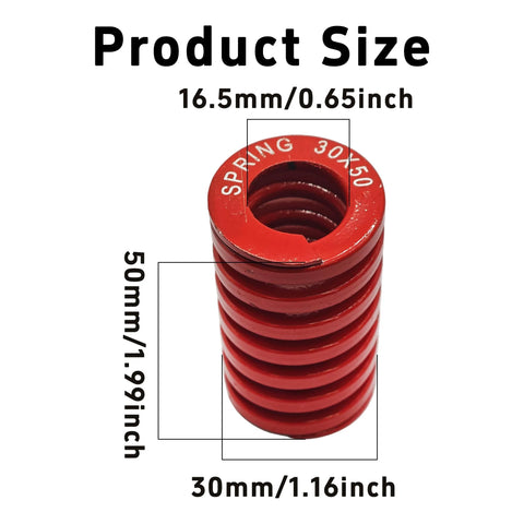 Red 30mm OD 50mm length die spring with dimensions for 3D printers medium load compression, 65Mn steel, for hot bed leveling and industrial use.