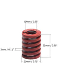 Red 3D printer compression spring with dimensions: 10mm inner diameter, 20mm outer diameter, 25mm length, made from 65Mn steel.
