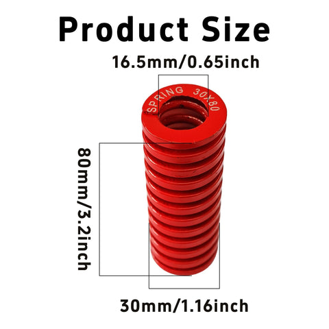 Red die spring with dimensions 30mm OD, 80mm length. 2 Pack 3D Printer Die Springs 30mm OD By 80mm Length Heavy Duty Medium Load Compression Springs Made From 65Mn Steel Red Hot Bed Leveling Springs For Industrial Mould Dies 144 Kg Ultimate Compression 32 Percent Maximum Compression.