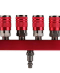 Front view of 4 Way Straight Air Manifold With 5 Ports Aluminum Inline Pneumatic Splitter For Pros And DIYers, Quick Connect Socket, 4 Couplers And 1/4 Inch Male NPT Plug, Heavy Duty Industrial Air Compressor Fittings, Corrosion Resistant Red Anodized Body