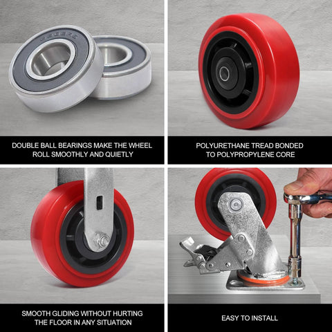 5 Inch Polyurethane Caster Wheels Set of 4, showcasing double ball bearings and polyurethane tread on polyolefin core.