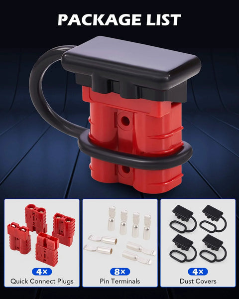 4 Pack 50A Wire Connector Kit For 6 To 12 Gauge Cables, Quick Connect Disconnect Set For 12V 24V 36V Batteries, Weatherproof Red Plugs