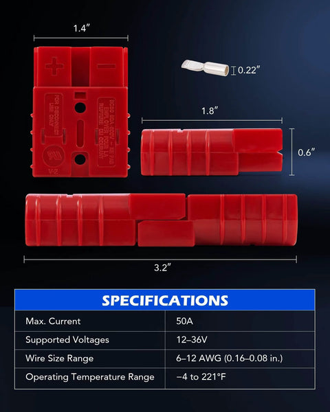 4 Pack 50A Wire Connector Kit For 6 To 12 Gauge Cables, Quick Connect Disconnect Set For 12V 24V 36V Batteries, Weatherproof Red Plugs