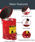 Open red 6 Gallon Galvanized Steel Oily Waste Can With Foot Pedal Self Closing Lid For Oil Rag Disposal OSHA Compliant Made In USA