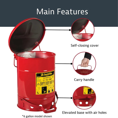 Open red 6 Gallon Galvanized Steel Oily Waste Can With Foot Pedal Self Closing Lid For Oil Rag Disposal OSHA Compliant Made In USA