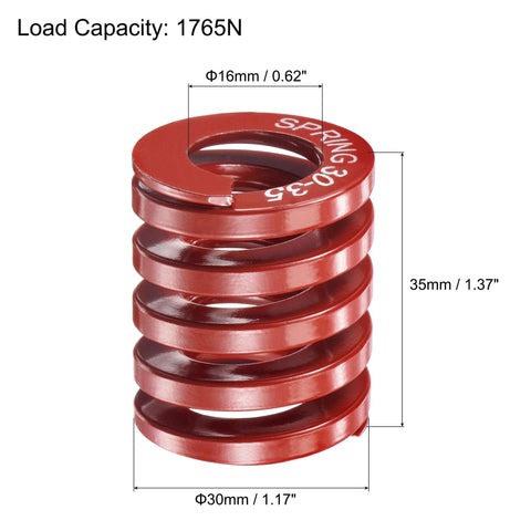 Red 65Mn Die Spring For Molds And 3D Printer Applications, 30mm Outer Diameter, 1765N Load Capacity shown with dimensions labeled.