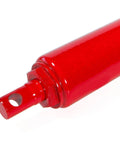 Close-up of BeefedUp 8 Ton Hydraulic Ram Engine Lift Hoist Clevis Base, red painted finish, for garage and shop cranes.