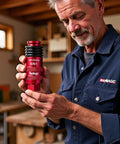 Man holding Five In One Universal Quick Connect Air Coupler For 1/4 Inch Female NPT, Red Body in workshop