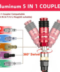 Five In One Universal Quick Connect Air Coupler For 1/4 Inch Female NPT, red body with six ball release sleeve, compatibility chart shown.