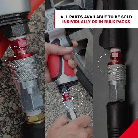 ColorFit M-Style Coupler And Plug Kit Red 1/4 Inch NPT, 14-Piece Set connected to pneumatic tools and air hoses