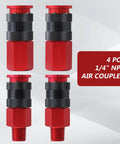 Universal Air Coupler And Plug Kit For Quarter Inch NPT Quick Connect Interchange Compatible With I M Aro And T Type 14 Piece Set With Female And Male Plugs In Red, showing four red couplers arranged vertically