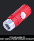 Push Button Air Coupler Female 1/4 Inch NPT Quick Disconnect For Industrial And Automotive Air Lines, Compatible With Industrial, Automotive, And Universal Plugs, One Press Disconnect, Built In Safety For Easy Safe Release, red body, button