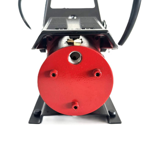 Front view of Air Hydraulic Pump 0.45 Gal 10,000 PSI Reservoir NPT 3/8" Oil Outlet, NPT 1/4" Inlet, red aluminum foot pump