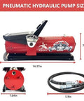 Air Hydraulic Pump 0.45 Gal 10,000 PSI Reservoir NPT 3/8" Oil Outlet, NPT 1/4" Inlet, Air Hydraulic Foot Pump Made of Aluminum with Air Line Lubricator, Red, showing dimensions and hose included.