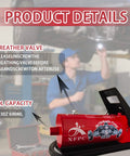 Air Hydraulic Pump 0.45 Gal 10,000 PSI Reservoir NPT 3/8" Oil Outlet, NPT 1/4" Inlet, Air Hydraulic Foot Pump Made of Aluminum with Air Line Lubricator, Red in a workshop setting with breather valve instructions visible.