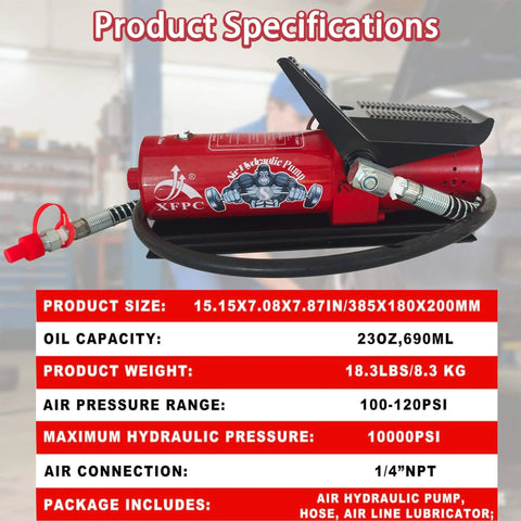 Air Hydraulic Pump 0.45 Gal 10,000 PSI Reservoir NPT 3/8" Oil Outlet, NPT 1/4" Inlet, Air Hydraulic Foot Pump Made of Aluminum, Red