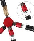 3-Way Air Manifold With Four Ports Aluminum Flat Hex Quick Connect Air Hose Splitter, showing anodized aluminum and steel couplers.