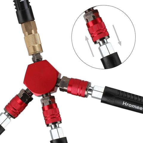3-Way Air Manifold With Four Ports Aluminum Flat Hex Quick Connect Air Hose Splitter, showing anodized aluminum and steel couplers.