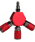 Front view of 3-Way Air Manifold With Four Ports Aluminum Flat Hex Quick Connect Air Hose Splitter, red and silver with steel couplers.