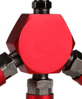 Front view of 3-Way Air Manifold With Four Ports Aluminum Flat Hex Quick Connect Air Hose Splitter with steel couplers.
