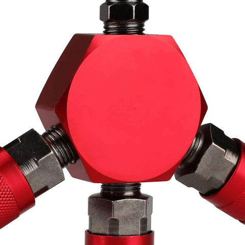 Front view of 3-Way Air Manifold With Four Ports Aluminum Flat Hex Quick Connect Air Hose Splitter with steel couplers.
