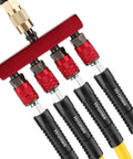 4 Way Straight Air Manifold With 5 Ports Aluminum Inline Pneumatic Splitter, red anodized, with quick connect sockets and couplers
