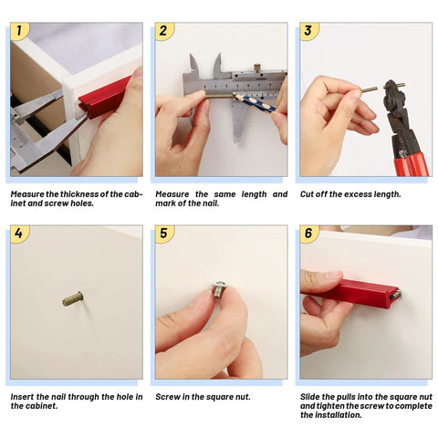 Installation guide for Six Pack Adjustable Cabinet Handles in red aluminum for kitchen drawers and cabinets, step-by-step instructions.
