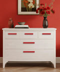 Six Pack Adjustable Cabinet Handles In Red Aluminum For Kitchen Drawers And Cabinets Installed on White Dresser