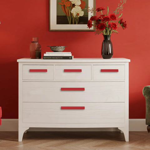 Six Pack Adjustable Cabinet Handles In Red Aluminum For Kitchen Drawers And Cabinets Installed on White Dresser