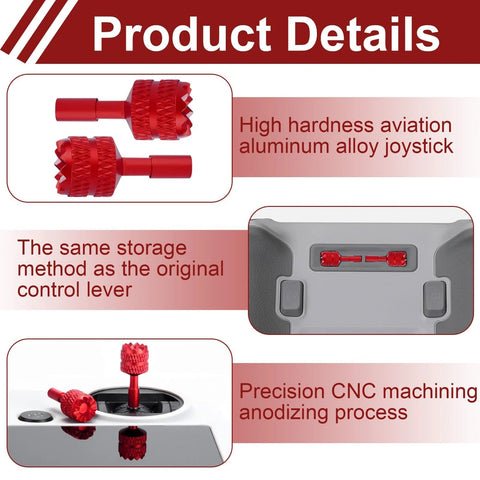 DJI 2 Pack Detachable Aluminum Alloy Joysticks For Mini 4 Pro Mini 3 Pro Air 3 Mavic 3 Pro RC 2 Remote Controllers Replacement Accessories Red pictured with product details and storage method.