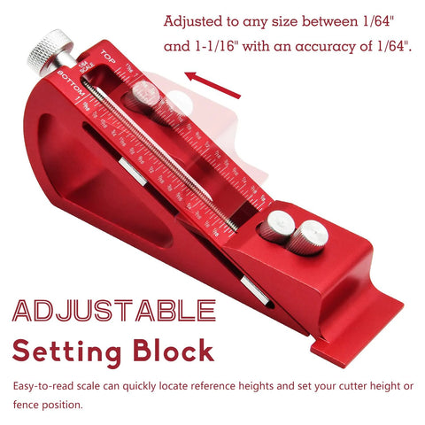 Setup Block Height Gauge for Precise Woodworking, Go-To Quick-Adjust Aluminum Tool for Router and Table Saw, red with measurement scale.