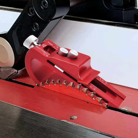 Setup Block Height Gauge for Precise Woodworking, Go-To Quick-Adjust Aluminum Tool for Router and Table Saw on workbench.