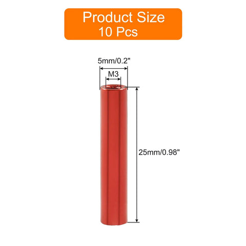 Red Aluminum Round Standoff Spacers Set 10 Pcs M3 x 25mm Female Threaded Column Spacers for RC Airplane side view with dimensions