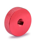 1/4-20 Female Thumb Wheel Lock Nut Adapter 25mm red aluminum knurled edge, front view for camera rigs, tripods, secured mounting