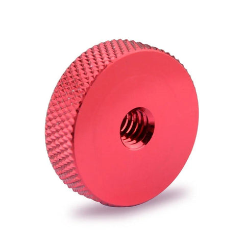1/4-20 Female Thumb Wheel Lock Nut Adapter 25mm red aluminum knurled edge, front view for camera rigs, tripods, secured mounting