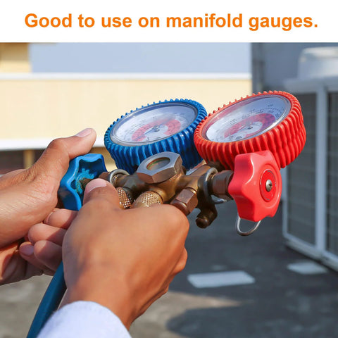 Person using round wheel handle set 2 pack aluminum alloy replacement knobs for faucets and refrigerant manifold gauges square broach.