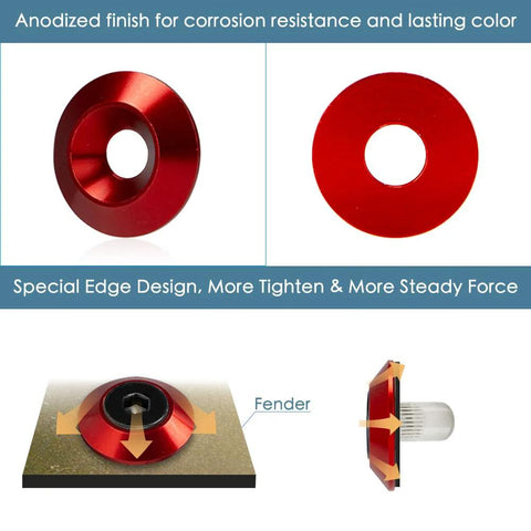 24 Piece M6 18mm Anodized Aluminum Tapered Washer Kit for Widebody Flares with red washers, showcasing edge design.