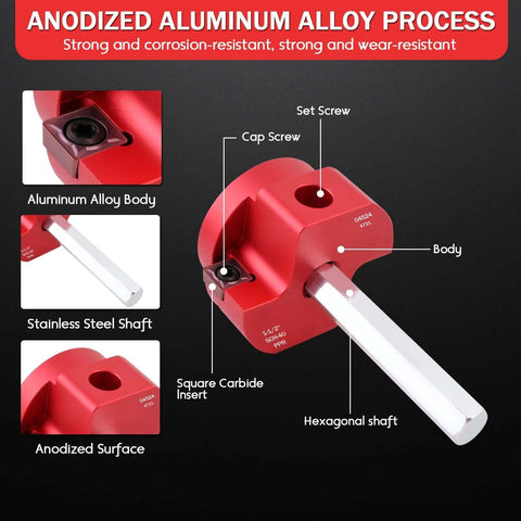 One And A Half Inch Plastic Pipe Reamer With 2 Carbide Square Blades For PVC CPVC And ABS Pipes Ideal For Drains Water Pipes And Ventilation Systems Red Color Heavy Duty Hand Tool For Fast Cleanup And Reuse Of Fittings showing aluminum alloy body and square carbide insert.