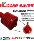 Anti-Clog Dispenser Caps For RTV Silicone Sealant 3oz Flexible Tubes shown in red with anti-clog design and detailed nozzle view.