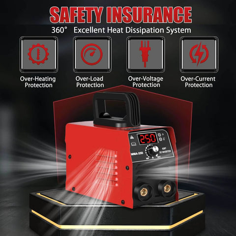 Ultra Portable 110V ARC Welder Stick Machine, 250Amp Mini GNI Welder showcasing safety features like heat dissipation and overload protection.