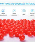 2.75 Inch Big Ball Pit Balls - Crush Proof Plastic Balls for Ball Pit Pack of 50pcs Set for Toddlers Ball Pool Playtent Tunnels with Reusable Storage Bag (Red), displayed with non-toxic label and benefits icons