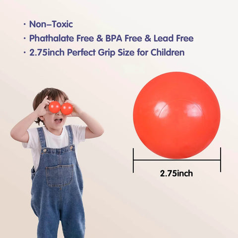 Child holding 2.75 Inch Big Ball Pit Balls - Crush Proof Plastic Balls with a red ball next to size text, ideal for toddlers.