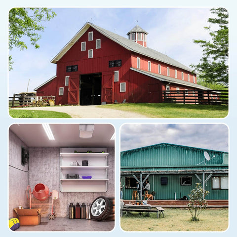 Collage of a red barn, industrial workshop interior, and rustic green building exterior, showcasing diverse venting locations.