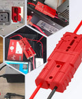 Four Pack 50 Amp Battery Quick Connect Disconnect Connector Kit For 6 To 12 AWG Cable 600V Wire Harness Plug For Car Winch And Trailer Use In RVs Boats And More showing red connectors with cables and installations