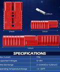 Six Piece Beefy 2 To 4 Gauge 175 Amp Battery Quick Connector Kit 12 To 36V showing red plug dimensions and specifications