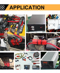 Collage showing 50 Amp Battery Quick Connect Disconnect Plug Kit, 6 To 10 Gauge Wire Harness in various automotive and electrical setups.